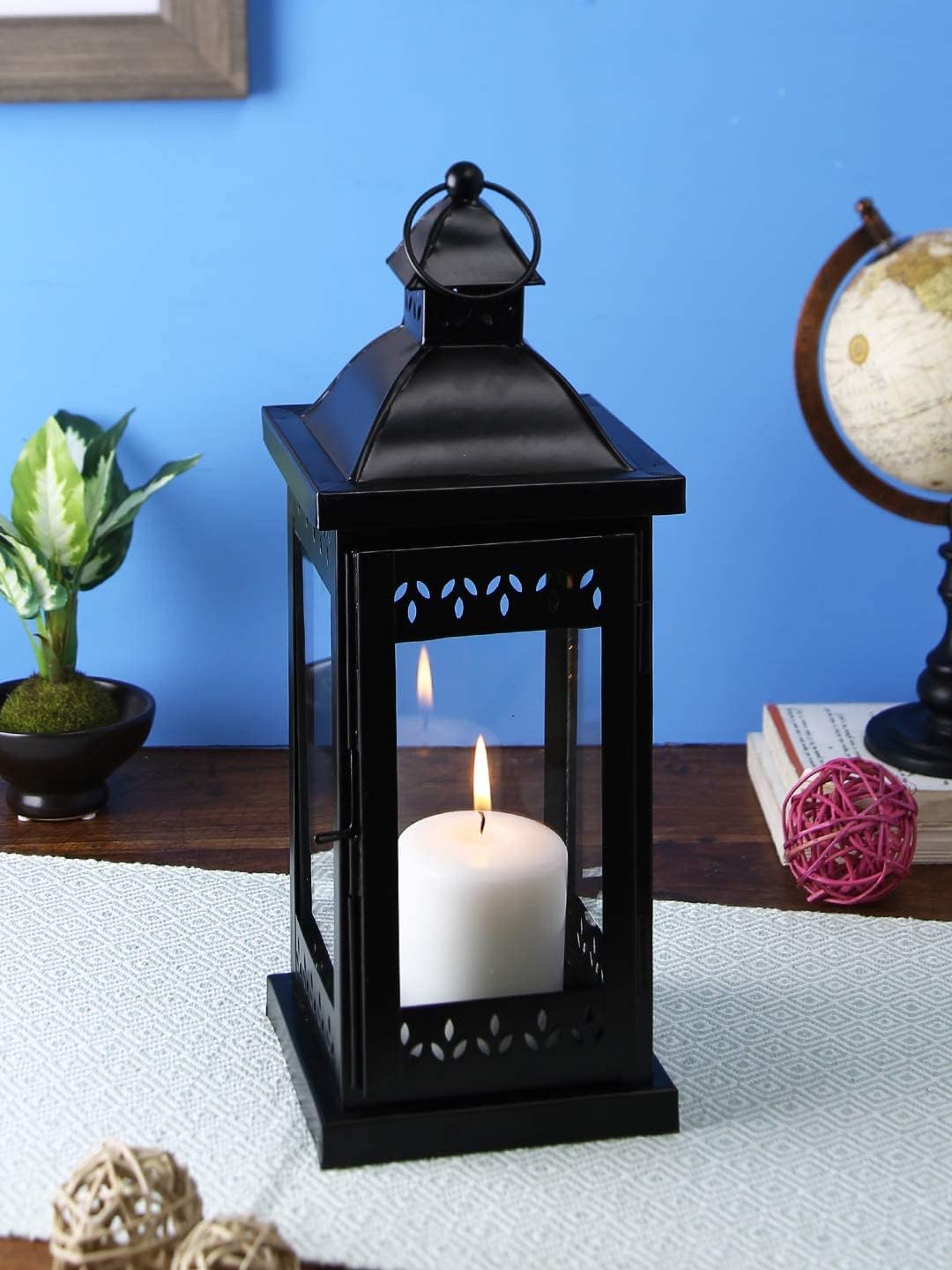 Hosley 15" Clear Glass Iron Lantern - Large Black Classic Style, Decorative Candle Holder for Weddings, Parties