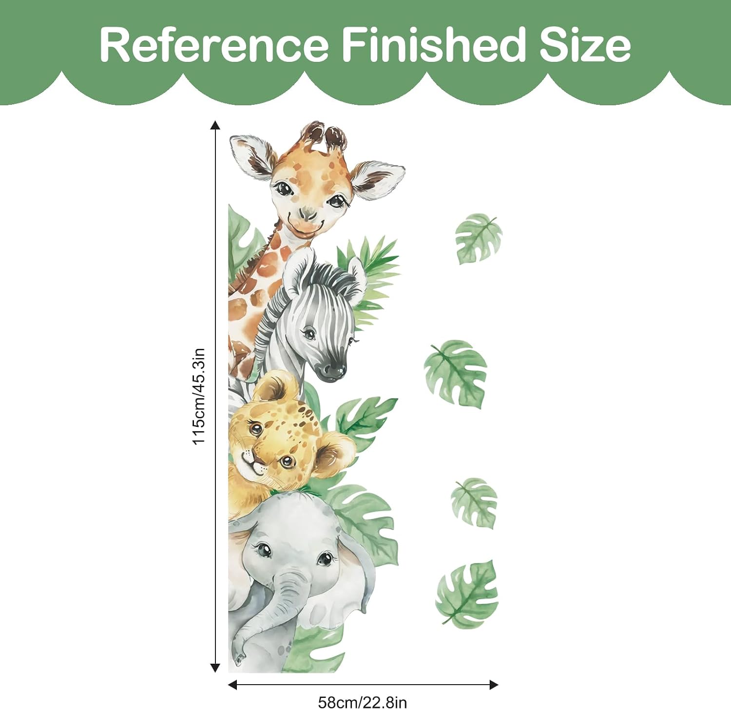 in Watercolor Jungle Animal Wall Stickers Forest Safari / Vertical-4 Animals Left / Green / 45 x 23