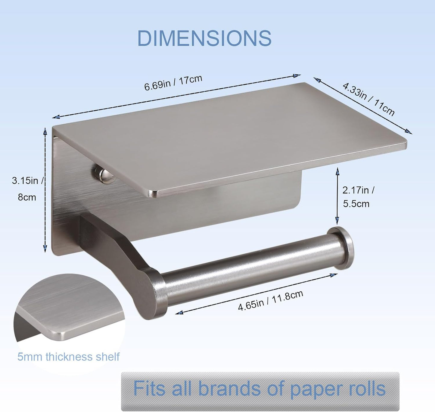 Toilet Paper Holder with Shelf, Adhesive or Screw Wall Mount Toilet Roll Holder for Bathroom, Rustproof Solid Aluminum