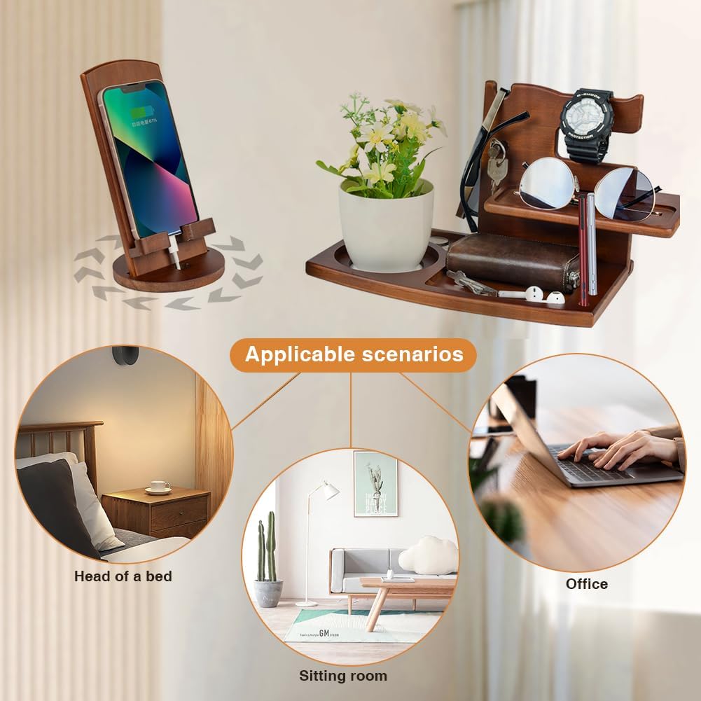 Gifts for Men, Fathers Day Wood Phone Docking Station for Dad, Desk or Nightstand Organizer, Mens Gifts for Husband