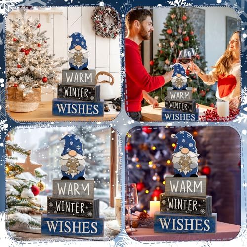 Lineshading 4 Pcs Winter Gnome Wooden Sign Blue Tiered Tray Decor Farmhouse