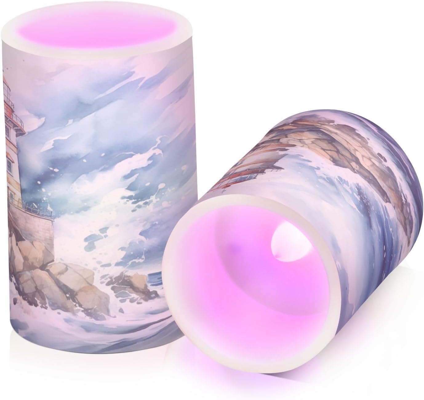 Flickering Flameless Candles, Lighthouse Ocean LED Candles with Remote Timer, Set of 2 Battery Operated Candle for