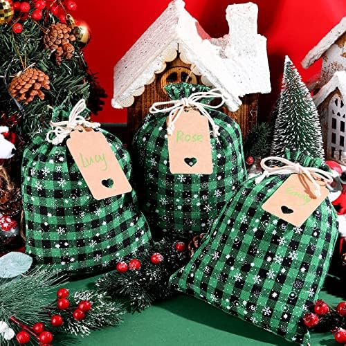 Shappy 24 Pcs Christmas Drawstring Gift Bags Xmas Buffalo Plaid Burlap Advent Bags 10 x 8 Inches Linen Treat Candy Bag with 32.8 ft Rope 24 Card(Black Green Snowflake)