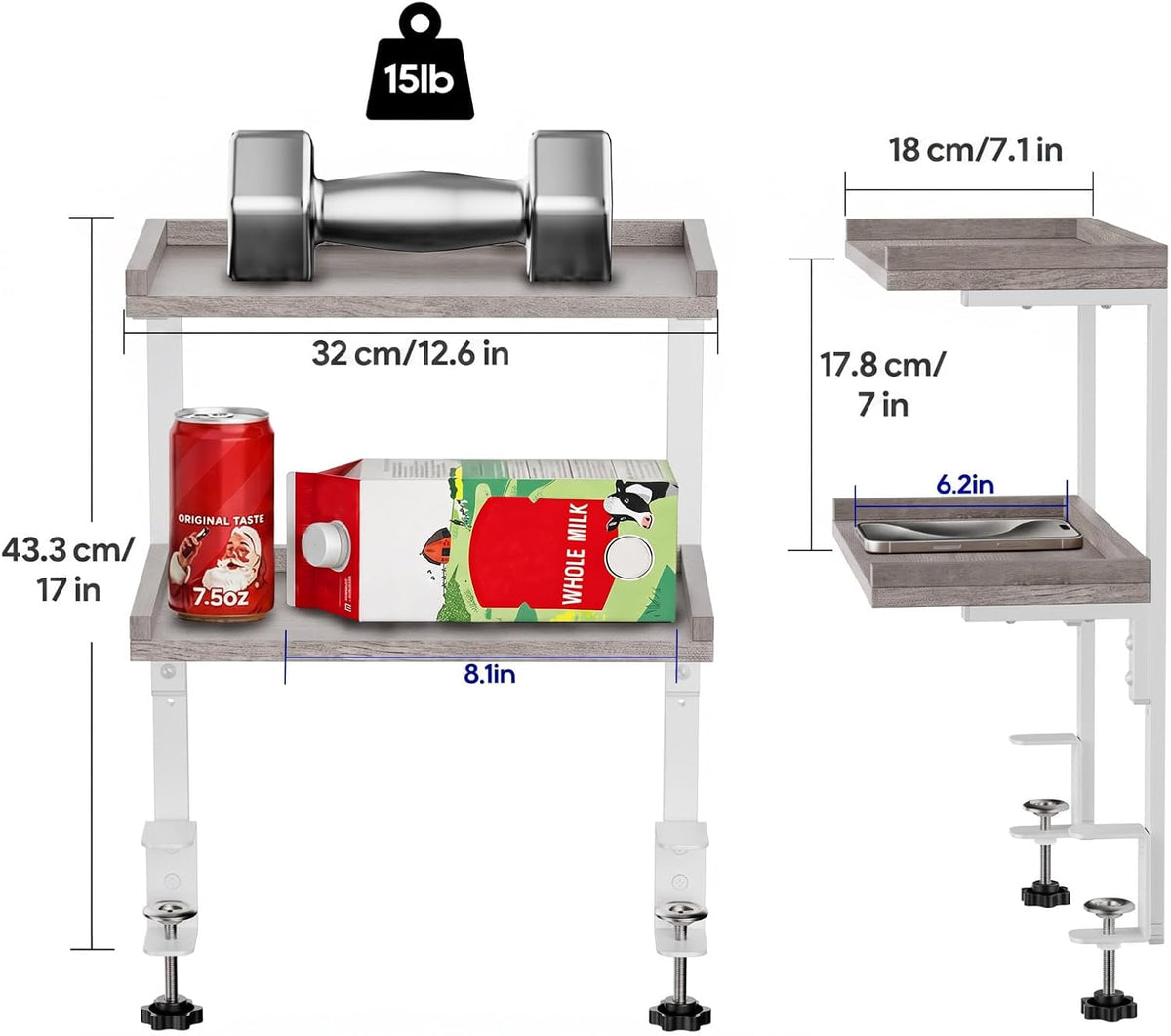 Clamp On Desk Shelf 2-Tier, Wood Shelving Unit for Office Desk/Gaming Accessories, Tabletop Book Storage Rack, Shelf