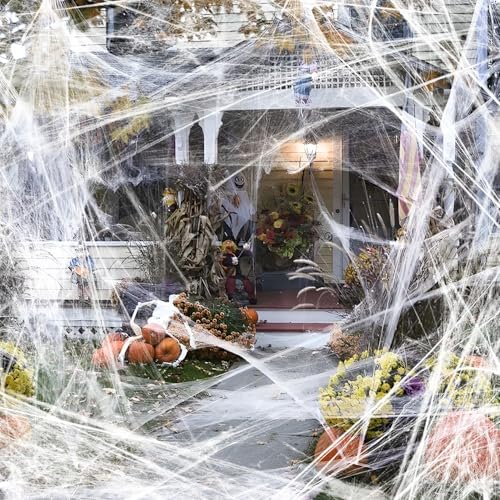 1000 sqft (0.67 Pound) Halloween Spider Webs Decor, Halloween Decorations with 60 Fake Spiders, Super Stretch Cobwebs Spider Webs for Holiday Indoor and Outdoor Party Supplies