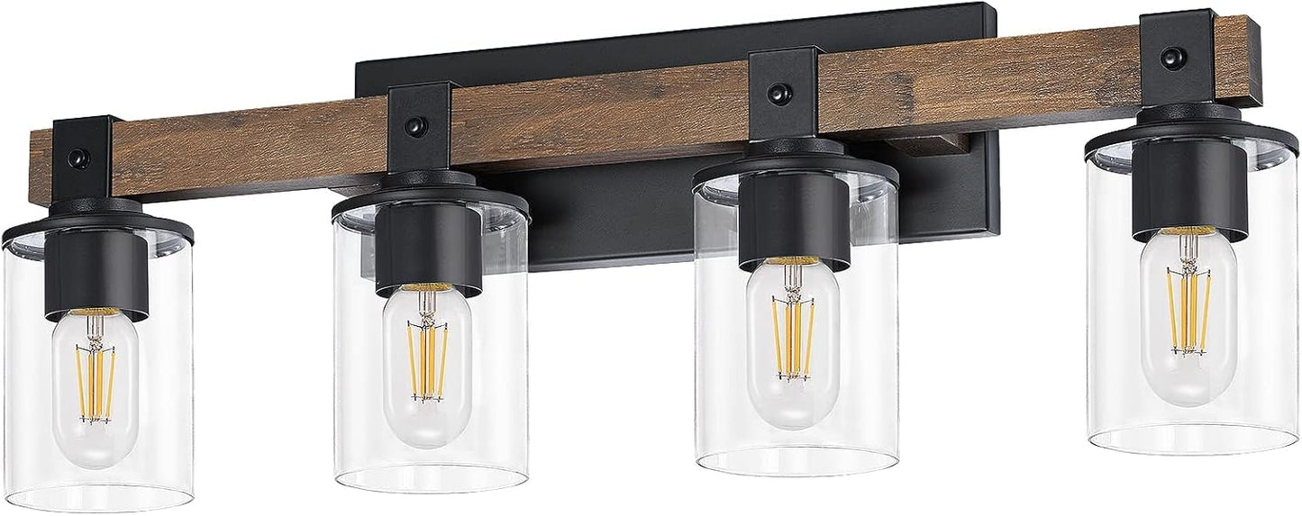 DUJAHMLAND Farmhouse Vanity Light Fixture, Industrial 4-Light Wood Wall Sconce Bathroom Vanity Lighting with Clear
