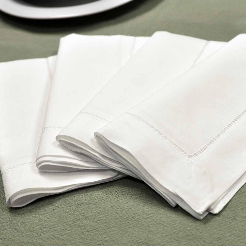 White Linen Cotton Blend Hemstitched Dinner Napkins- Set of 4 18" X 18" Ladder Hem Stitch Cloth Napkin