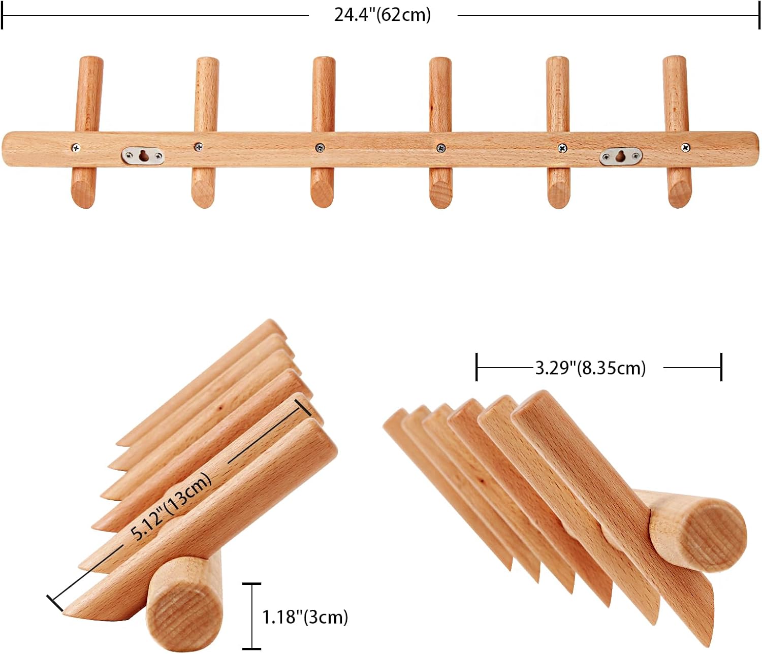 KYSMOTIC Modern Wood Coat and Hat Rack - Wall Mounted - 6 Peg Hooks - Stylish, Natural, Smooth