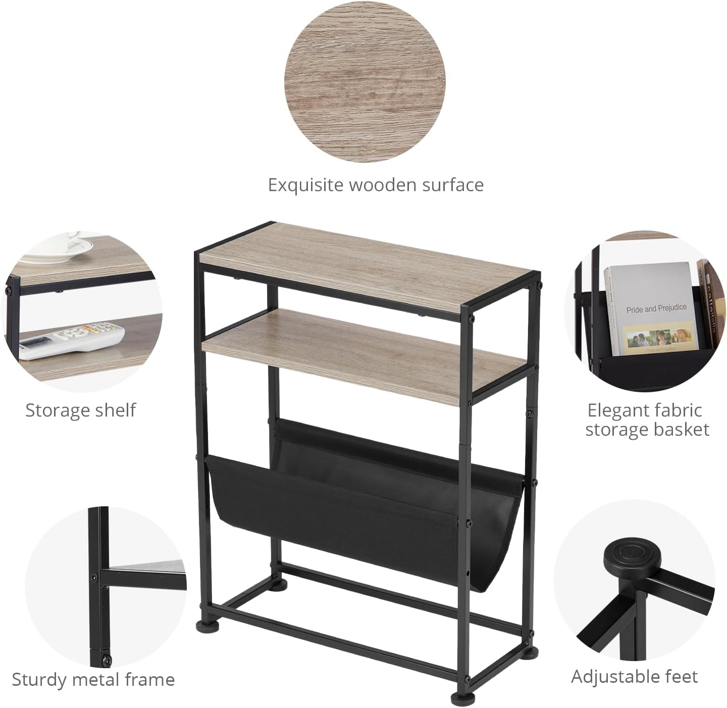 Narrow End Table for Small Spaces - Slim Side Table with Magazine Holder,2 in 1 Design Narrow Coffee Table Living