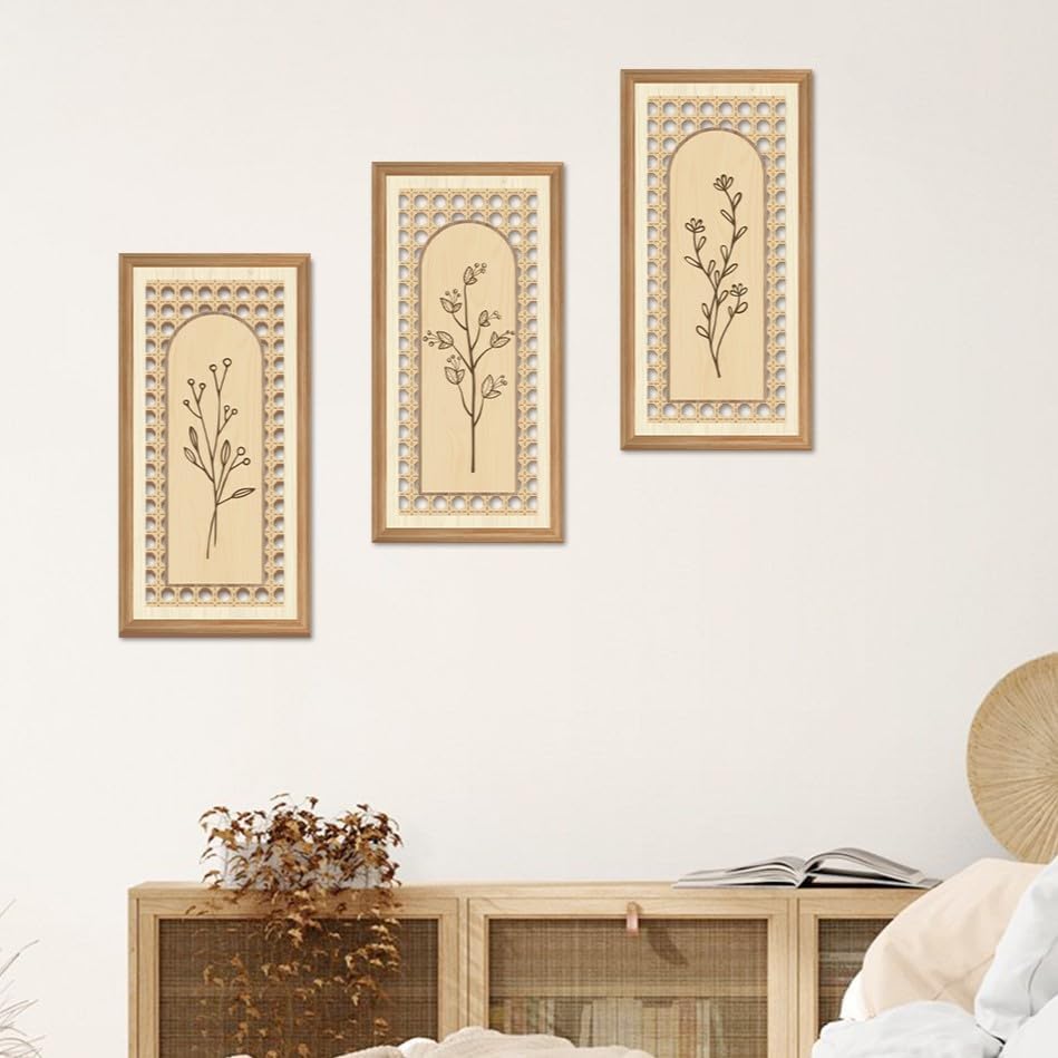 Boho Arch Wicker Wall Decor Unframed Rattan Wood Wall Art Minimalist / Botanical / 8 x 16 / Set of 3