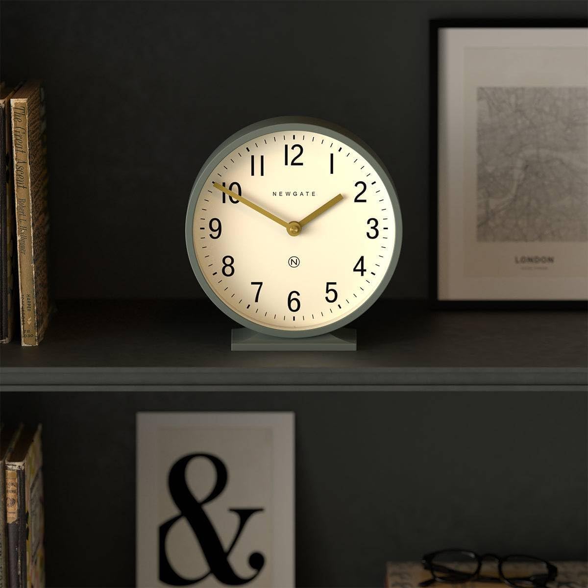 NEWGATE® Q Mantel Clock | Modern Classic Round Mantel Clock | Asparagus Green | Contemporary Style for Mantel, Desk