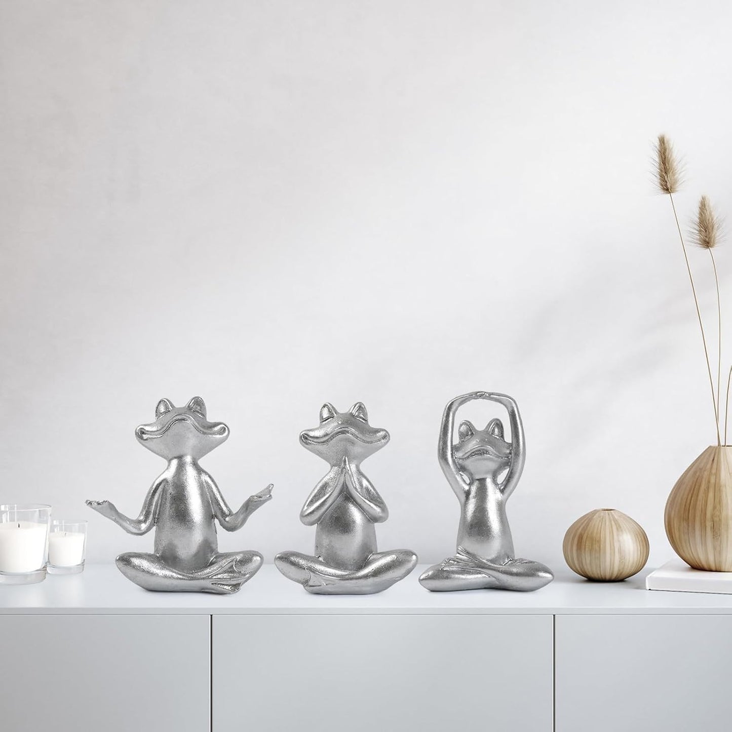 Silver Frog Figurines Yoga Decor -Frog Yoga Statues for Modern Living / Silver Frog-3 / Set of 3