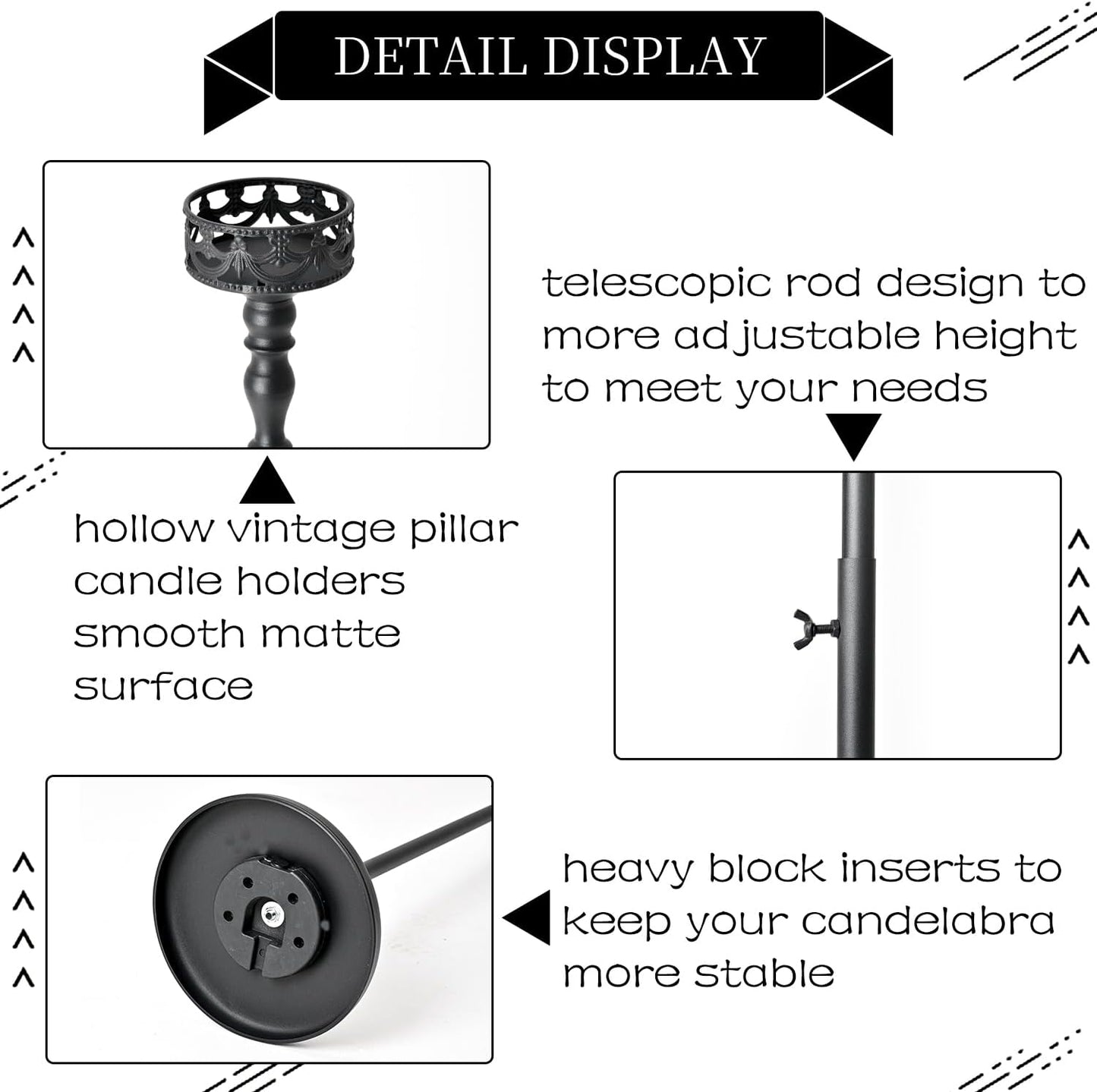 3Pcs Matte Black Floor Candle Holders Centerpieces for Pillar Candles | Adjustable Height,Halloween Metal Candlestick