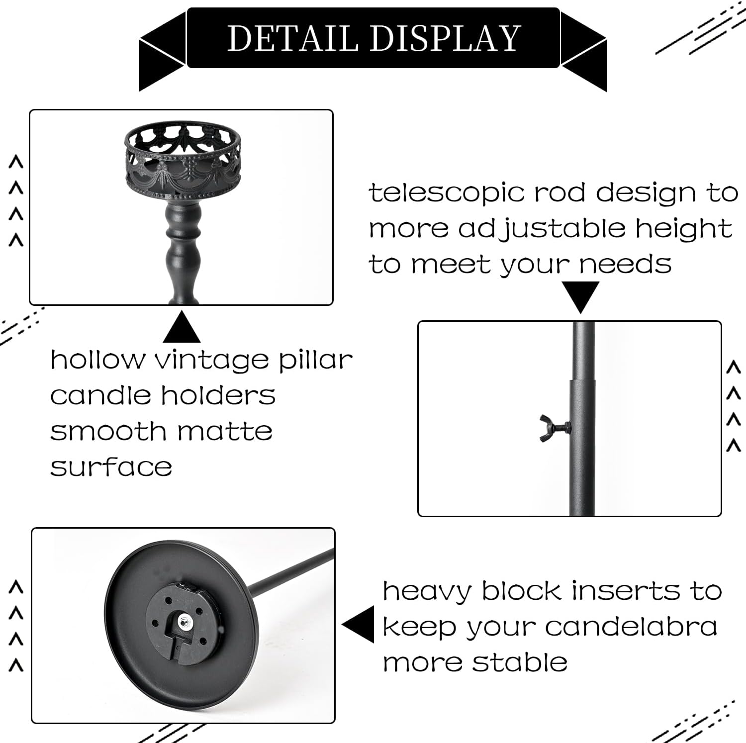 3Pcs Matte Black Floor Candle Holders Centerpieces for Pillar Candles | Adjustable Height,Halloween Metal Candlestick