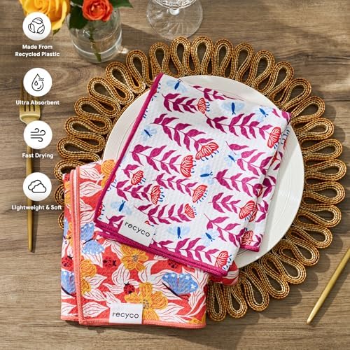 RECYCO Waffle Kitchen Towel Set of 2 - Quick Dry Microfiber Sustainable Dish Towels - Absorbent Reusable Cleaning Tea Towels - Lightweight Hand Towels,16”x 28”, Blossom Brilliance Pink