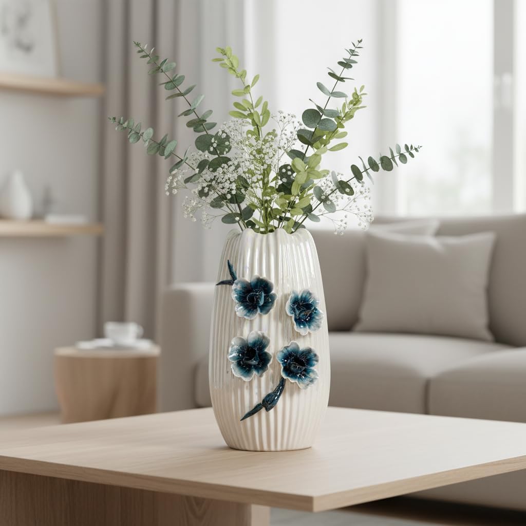 Boho Ceramic Vase / White and Dark Blue / 9 Inch