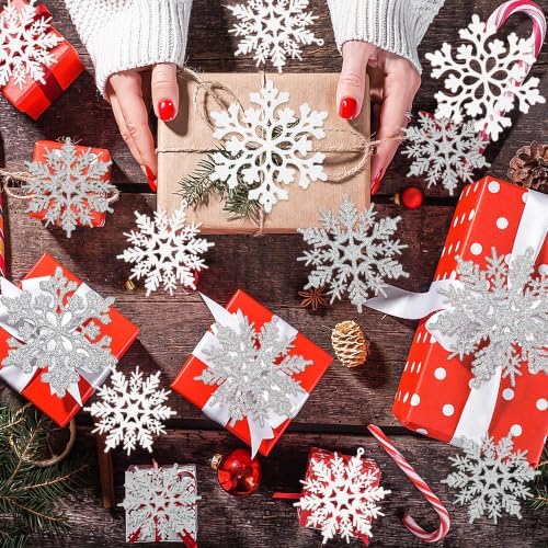 White and Silver Christmas Snowflake Ornaments- 36Pcs Plastic Glitter Hanging Snow Flakes for Christmas Tree Decorations Winter Wonderland Frozen Birthday Party Holiday Home Decor Craft Snowflakes