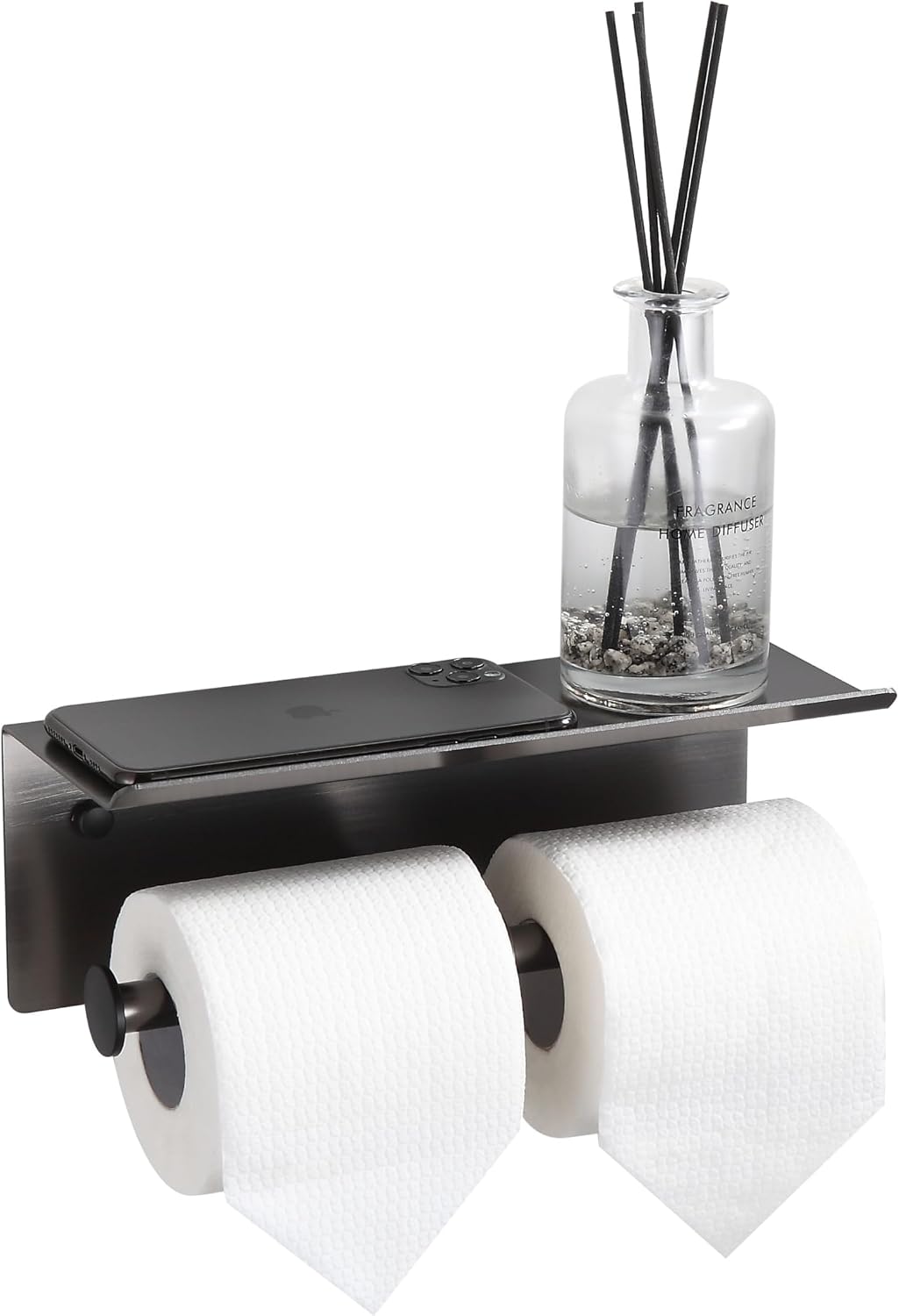 Grey Toilet Paper Roll Holder with Shelf Wall Mounted for Bathroom (Grey, Double Head)
