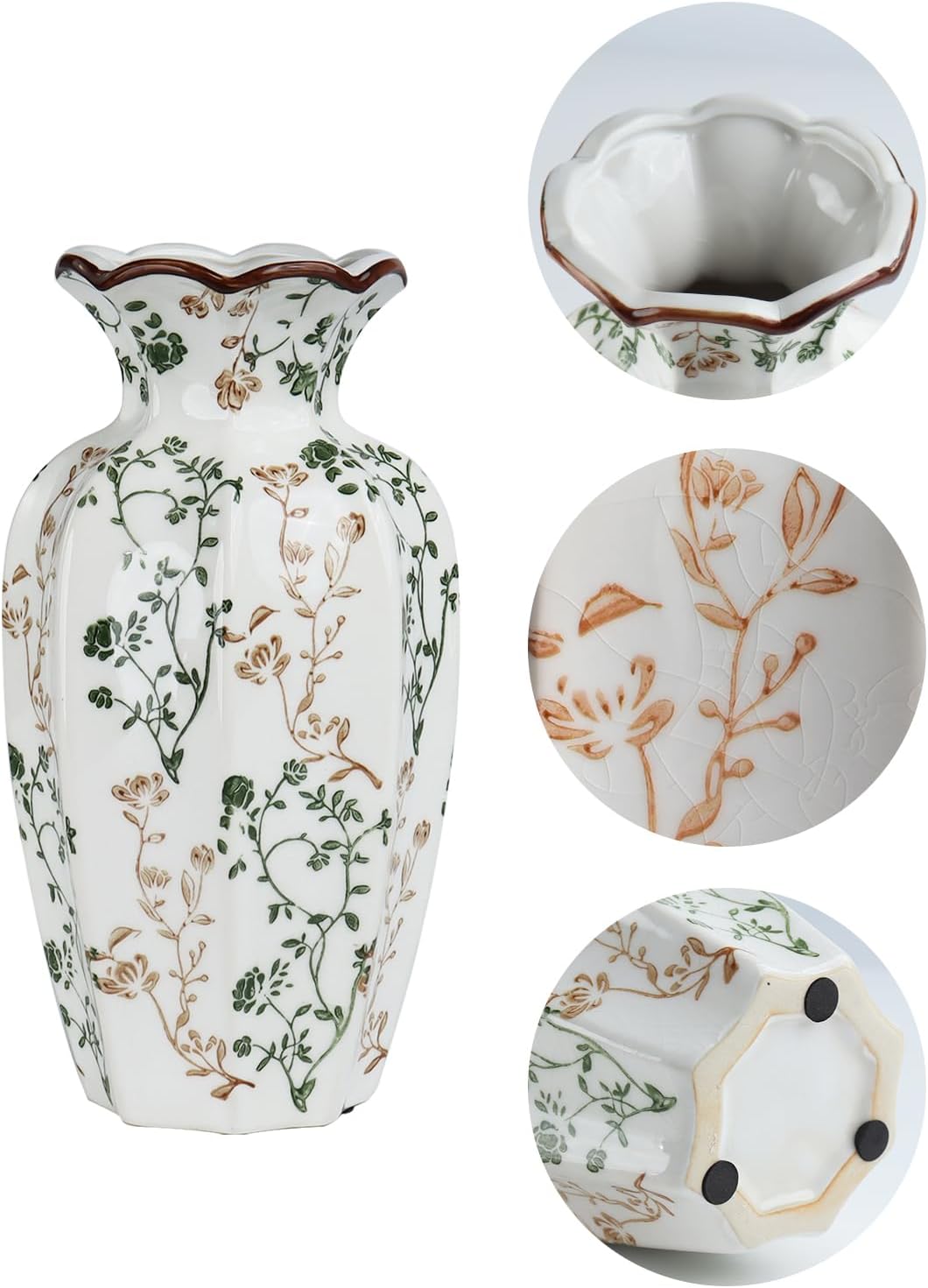 Green Floral Ceramic Vase / Brown and Green / 8.86 Inch