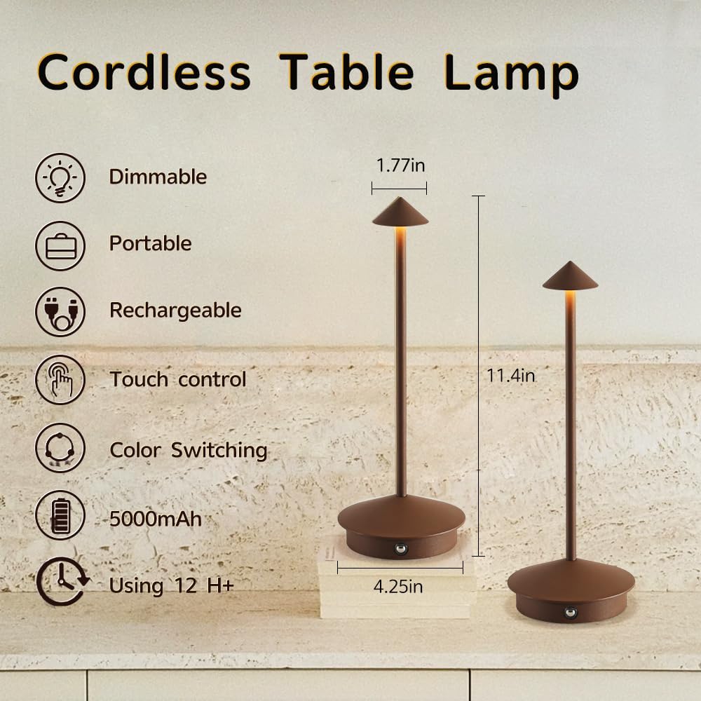 2 Pack Aluminum Cordless Table Lamp, 6000mAh Rechargeable Table Lamps, Portable Touch LED Lamp, Outdoor Waterproof
