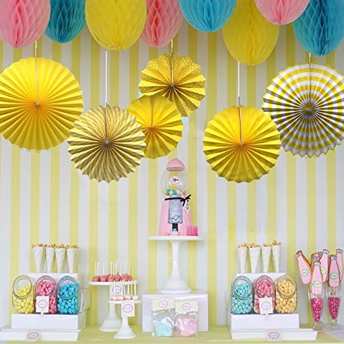 6-Pack Yellow Party Decorations, Hanging Paper Fans Wall Decor