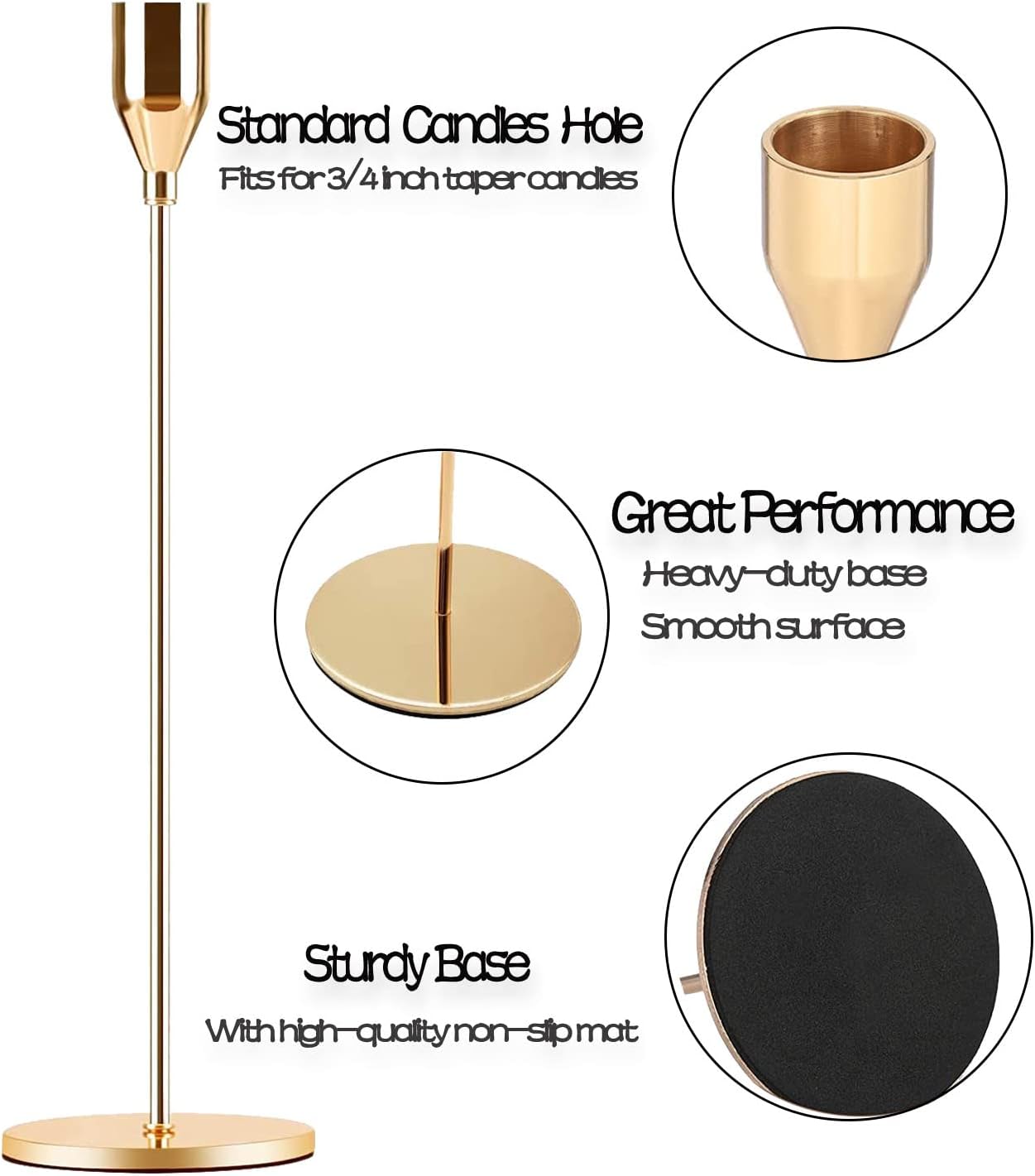 French Gold Taper Tall Candle Holders Set of 6–3 Sizes, Fits 3/4" Candles | Metal Vintage Candle Stickers Long Holder