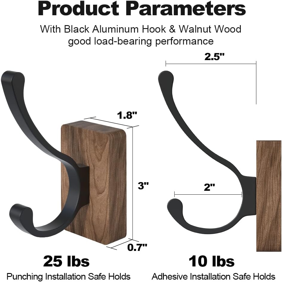 Walnut Wood Wall Hooks Adhesive Mounted & Wall Mounted / Hooks-double Hooks / Black / Set of 4