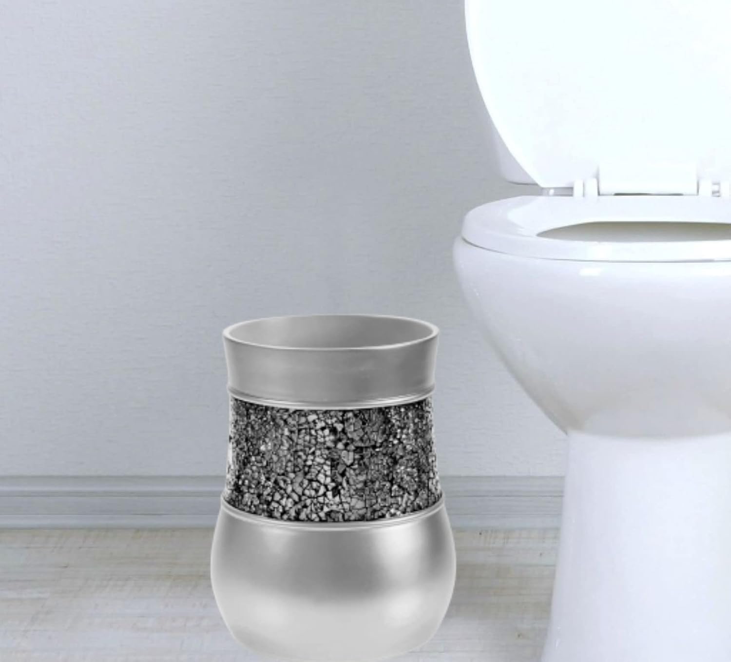 Creative Scents Crackled Glass Silver Small Bathroom Trash Can 2.06 Gal / 7.8L – Decorative Waste Basket for Bathroom