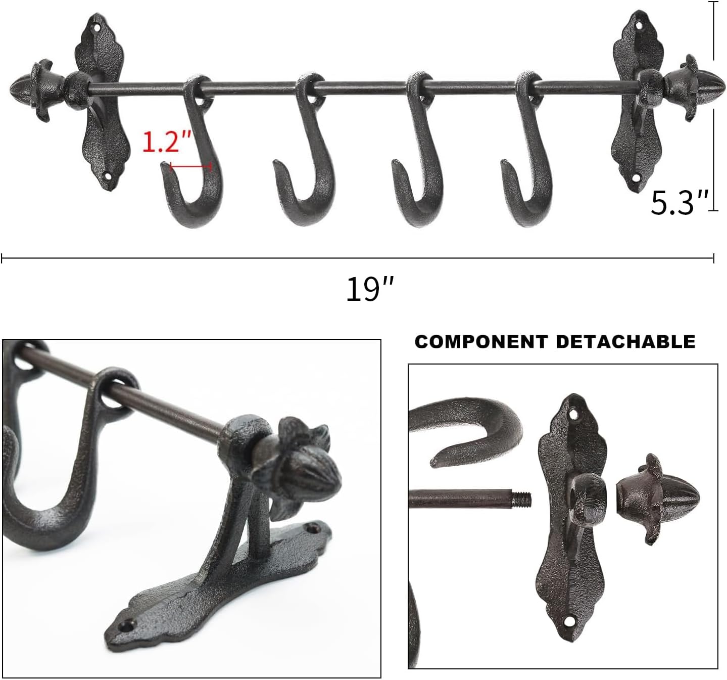 Sungmor Vintage Cast Iron Wall Hook Rack - Rustic Farmhouse Wall-Mounted Hanger for Coats, Keys, Mugs, Towels - Heavy