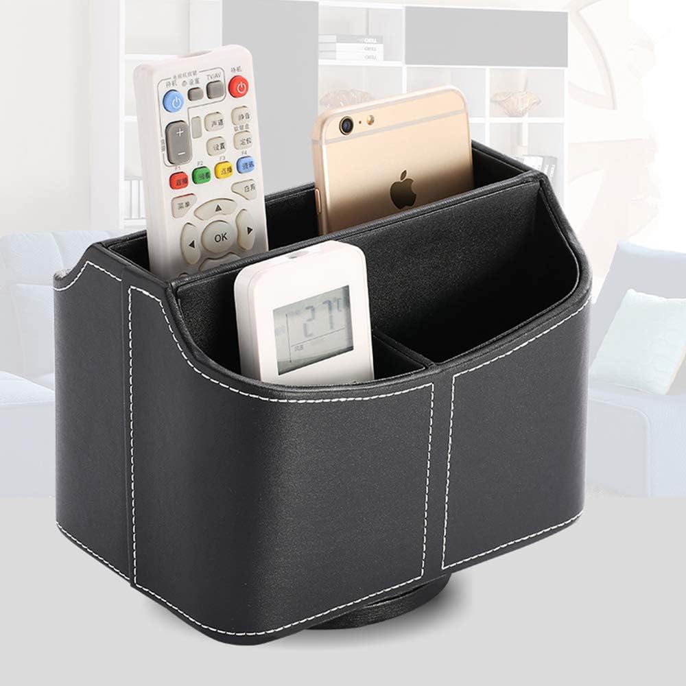 PU Leather Remote Control Holder Rotate 360 ​​degrees Desk Organizer Storage Box for Remote / Black