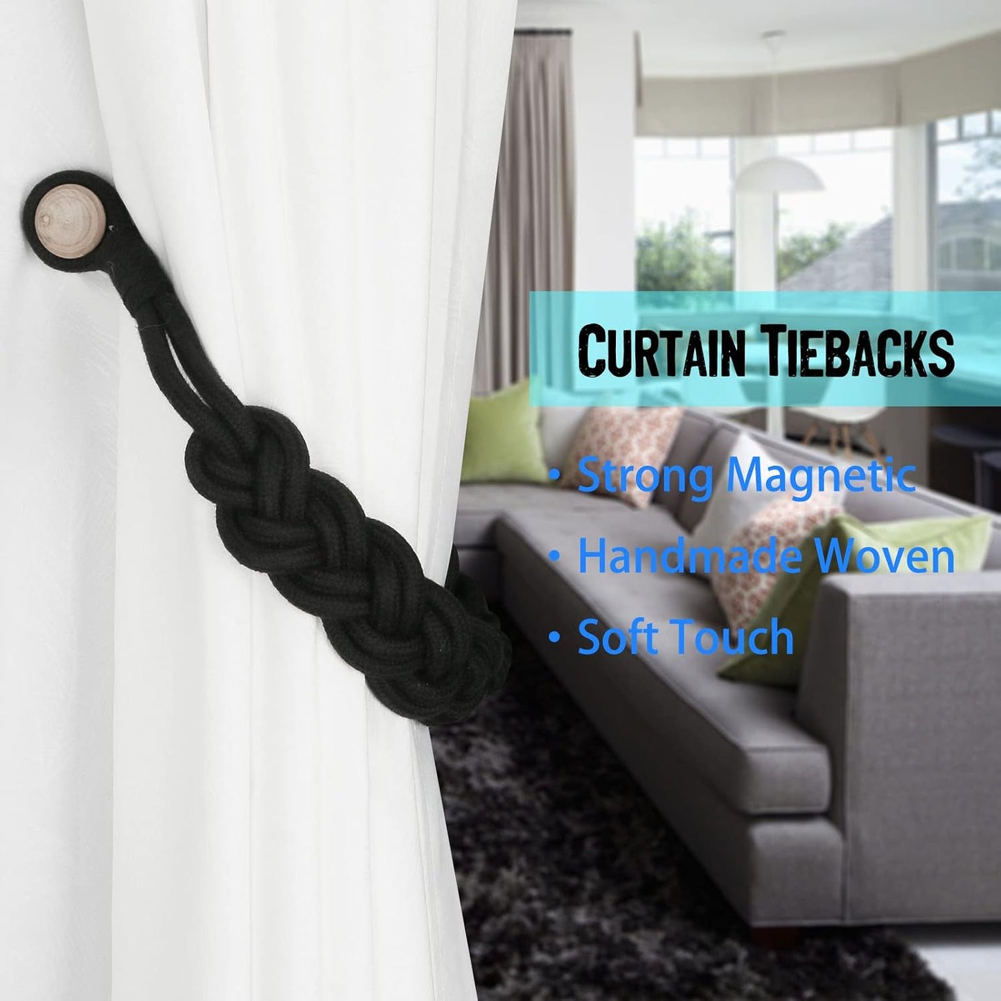 BEL AVENIR Curtain Tiebacks Magnetic 4 Pack Woven Drapery Holdback | Handmade Curtain Ties, No Drill, for Outdoor