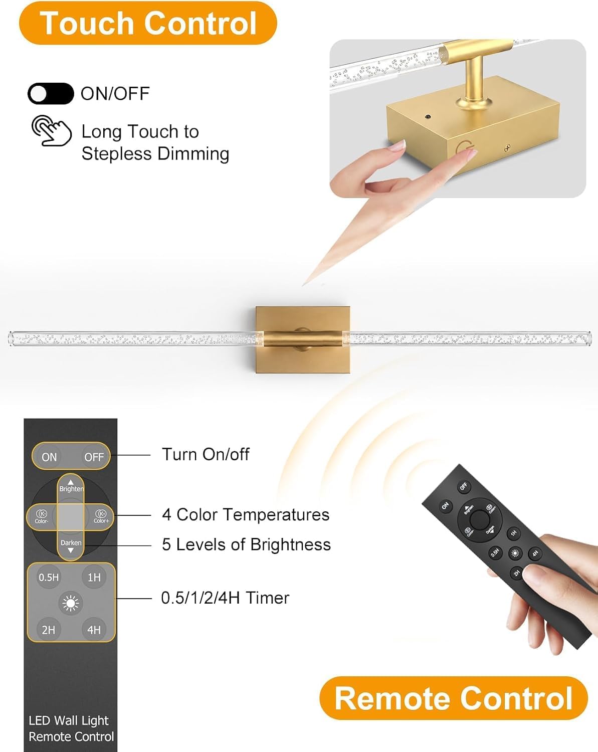 Rechargeable Wall Sconces Set of 2, Gold Crystal Bubble Wireless Wall Light | 10000mAh, Remote Control, 3000K-6000K