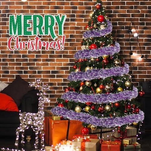 Shappy 90 ft 6 Rolls Christmas Tinsel Garland for Tree,Purple Frosted Tip