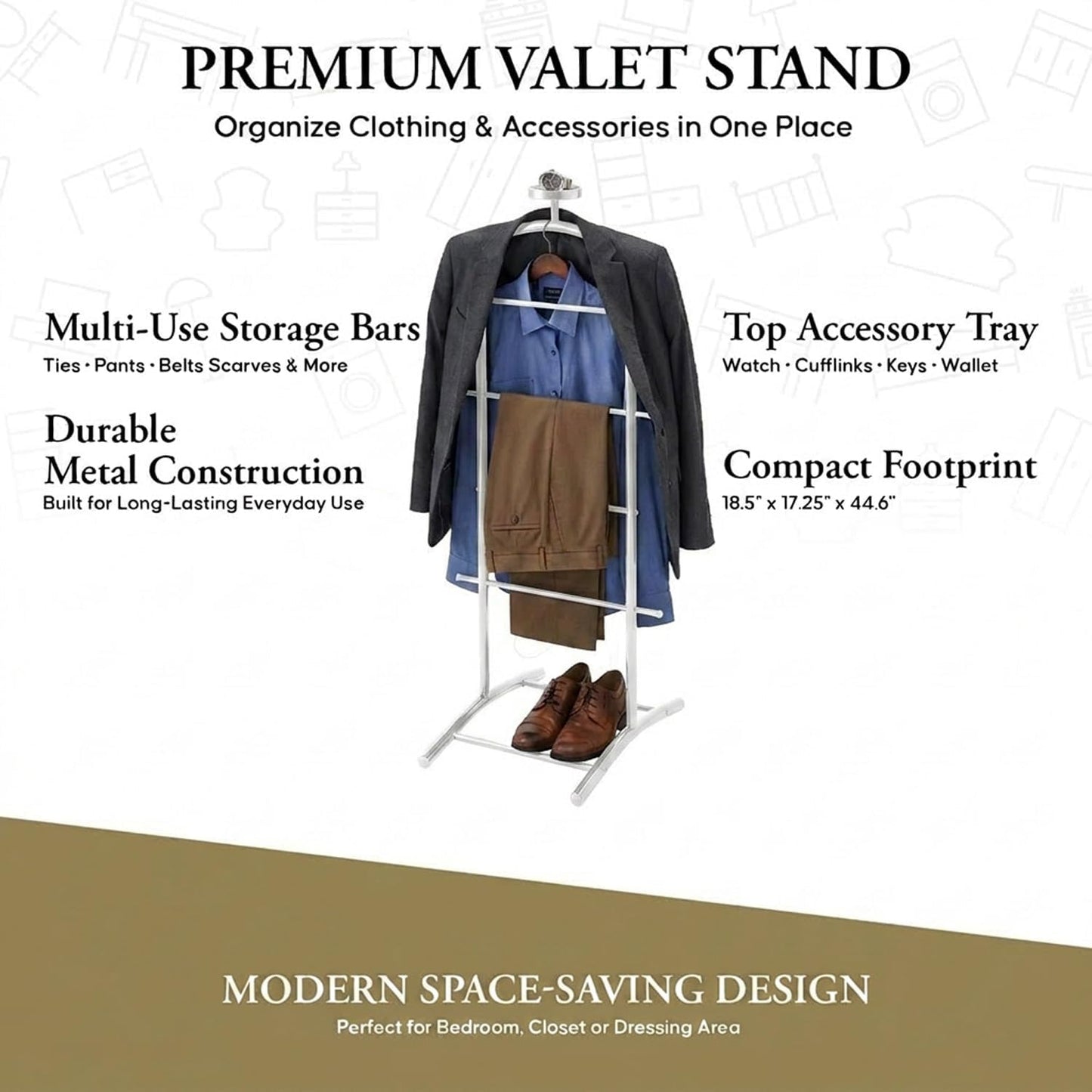 Kings Brand Freestanding Metal Suit Valet Stand with Tie Bar, White | Complete Clothing Organizer with Hanger, Trouser