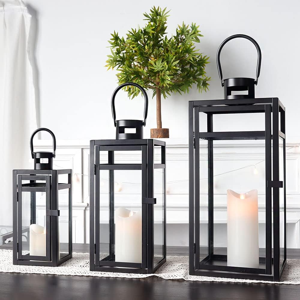 TRIROCKS Stainless Steel Lantern Set of 3 - Assorted Sizes (12/15/19 Inch) - Tall Metal Hanging Lanterns with Clear