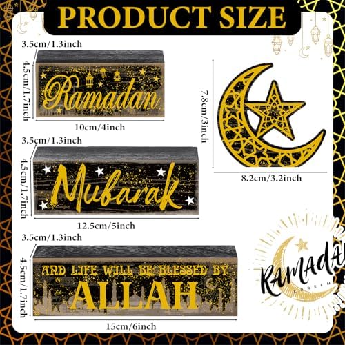 Moucuny 4 Pcs Ramadan Mubarak Wooden Block Signs, Farmhouse Table Decor