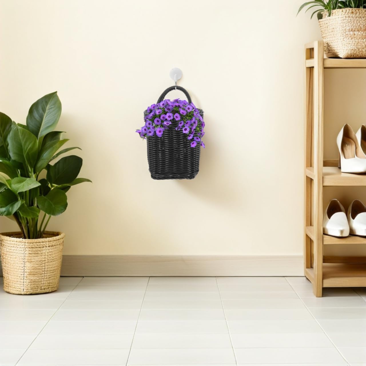 Plastic Wicker Storage Basket Nordic Style Hanging Organizer / Black