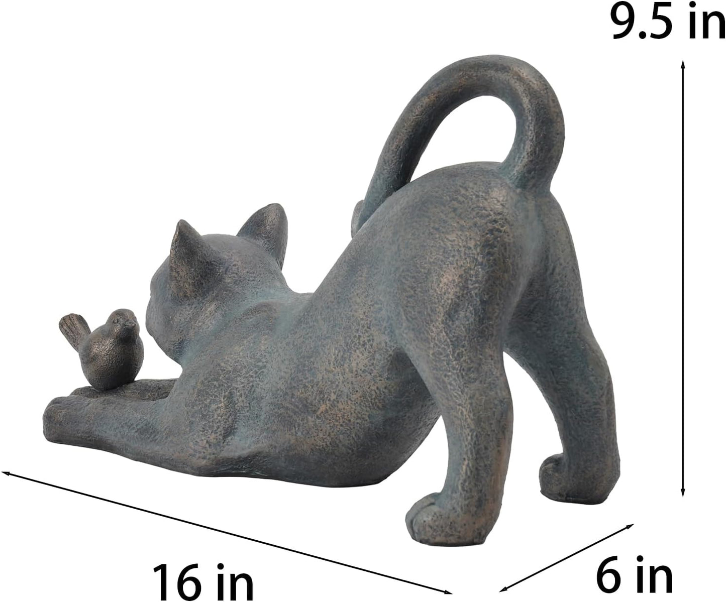 Cat Garden Statues Outdoor Cat-Figurines / Cat with Bird / 16 x 6 x 9.5