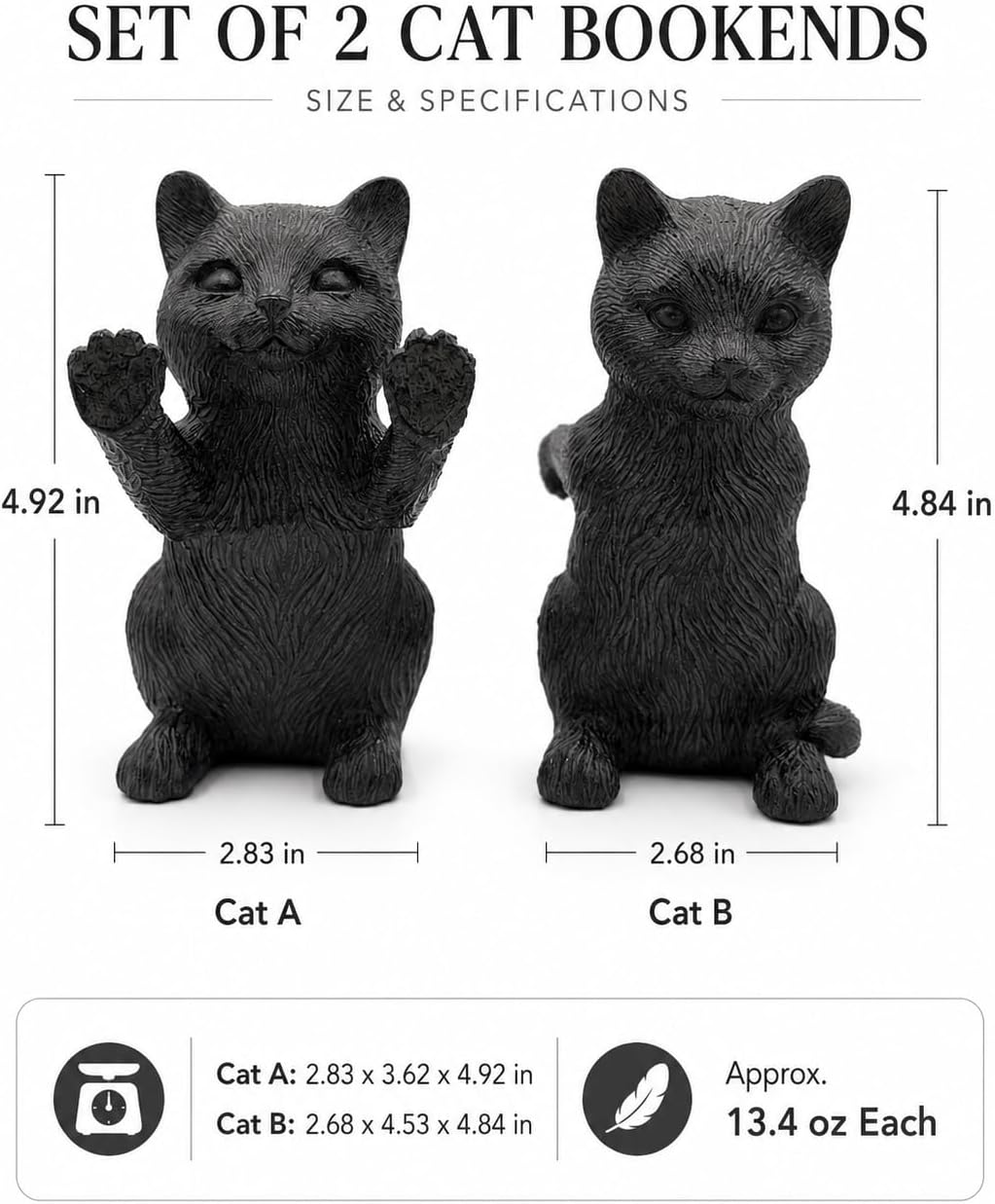 Resin Bookends / Decorative Bookends / Cat / Black / Set of 2
