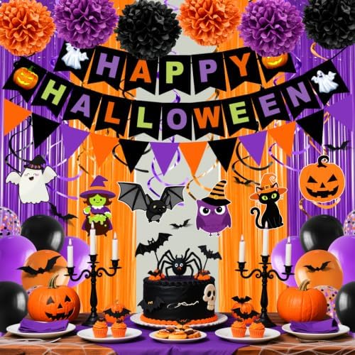 Halloween Party Decorations, 73PCs Halloween Decorations Indoor Set Including HAPPY HALLOWEEN Banner Bat Stickers Hanging Garland Swirl Streamers Fringe Curtains BOO Balloons for Classroom Home Decor