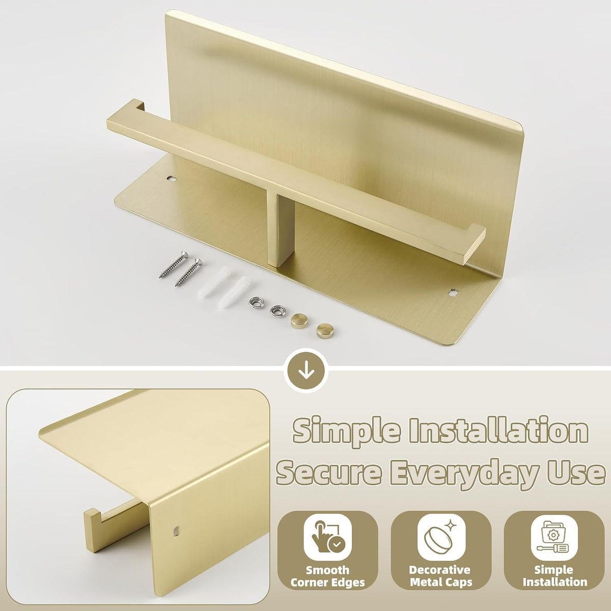 APLusee Brushed Gold Double Toilet Paper Holder with Shelf, 304 Stainless Steel Wall Mount Tissue Roll Holder for