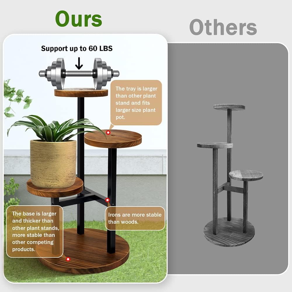 AUGOSTA 3 Tier Plant Stand, Tall Metal Wood Shelf Holder for Indoor, Outdoor Display Rack Flower Pot Stand for Corner