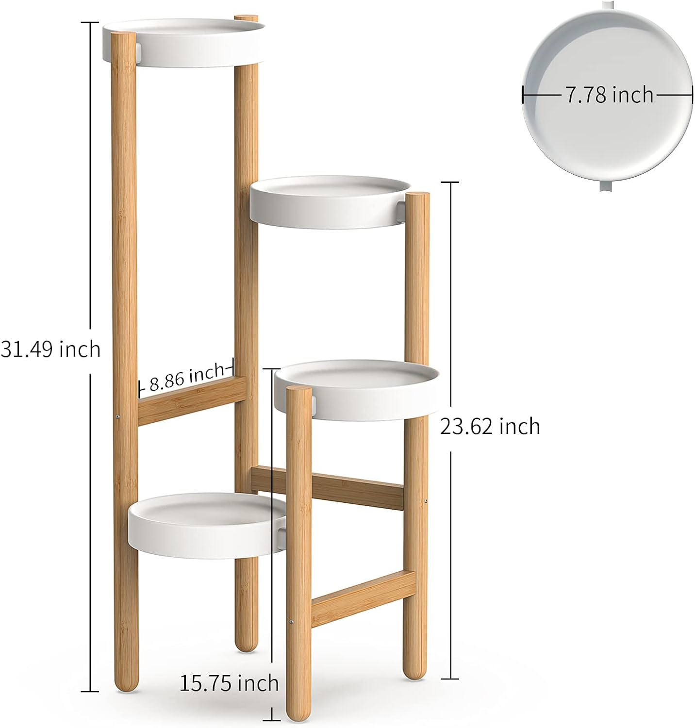 Wisuce Bamboo Plant Stand Indoor, 4 Tier Tall Corner Plant Shelf Table | Easy-Clean Steel Top | Smooth Bamboo | Narrow