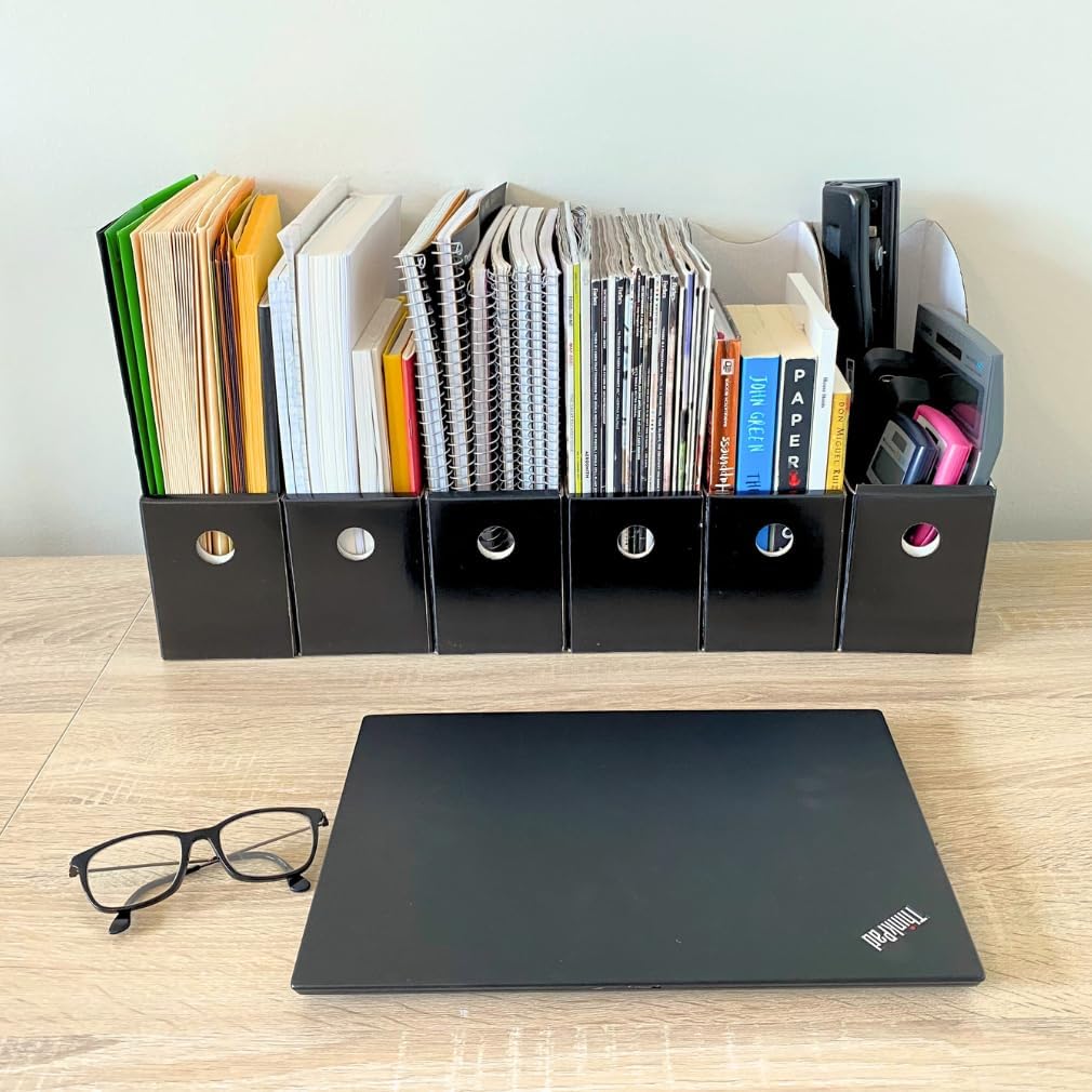 Evelots Magazine File Holder - Set of 12 Black - Office Desk Organizer - Sturdy Cardboard - New Upgraded Double Front
