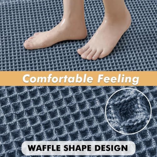 MIULEE Set of 2 Waffle Bathroom Rugs Boho Bath Mat Blue 17"x24"+20"x32"