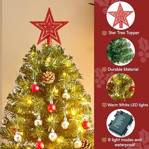 Joiedomi 24 Inch/2FT Tabletop Mini Christmas Prelit Decoration, Artificial Mini Xmas Pine Tree with Prelit LED String Lights and Ornaments Decor, Christmas New Year Decoration Tree Decor