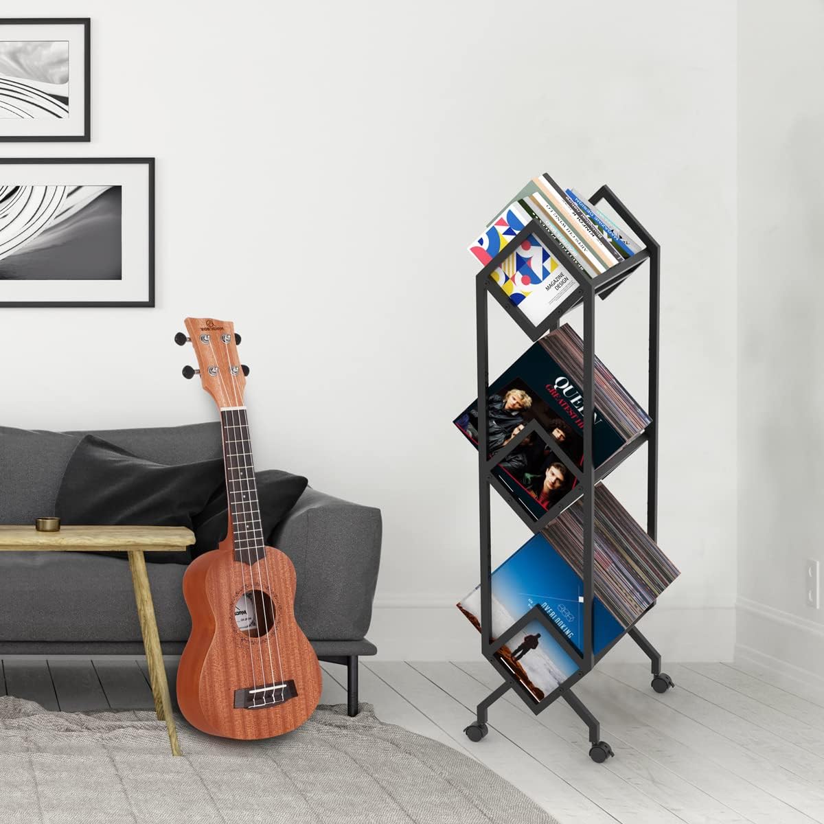 Mobile Vinyl Record Storage Rack, LP Storage Shelf, Record Holder for Albums, Magazine Display, Book and Files