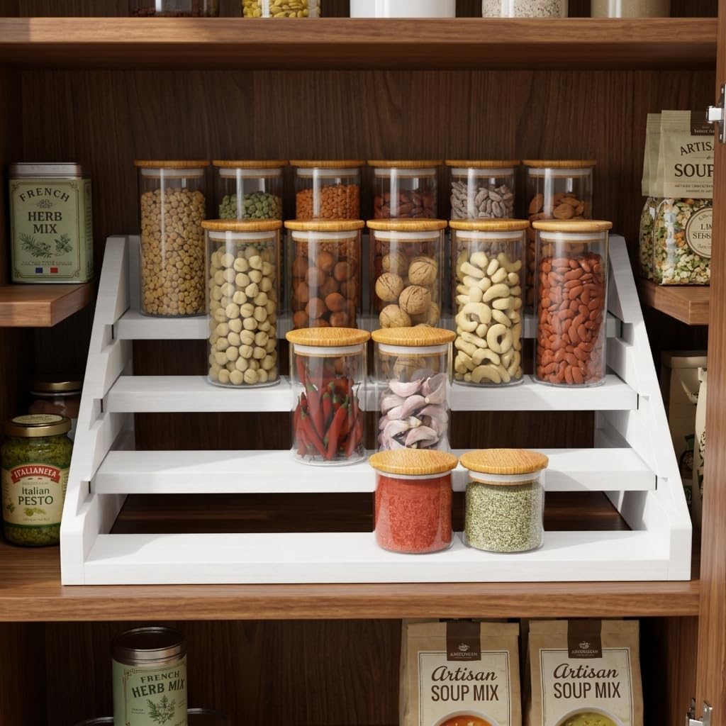 Solid Wood Spice Rack Organizer for Countertop & Cabinet, 4 Tier Adjustable Wooden Spice Shelf with Sliding Track