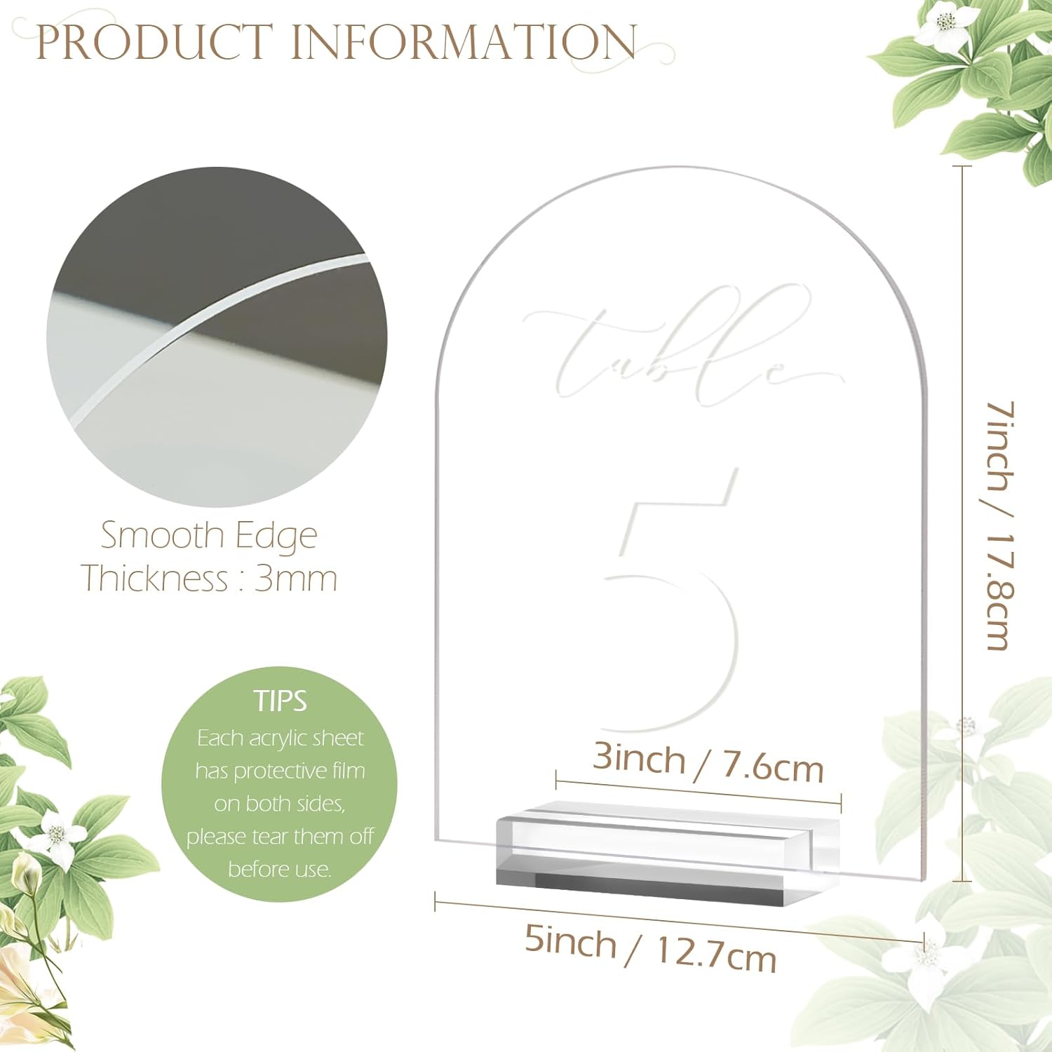 Clear Arch Table Numbers for Wedding, 5x7 Inch Arched Acrylic Table Numbers 1-25 with Stands, Clear Acrylic Arch Sign