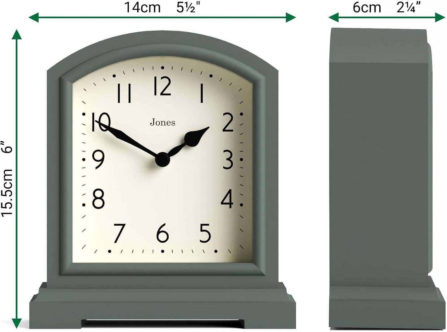 JONES CLOCKS® Tavern Mantel Clock | Modern Arch top Design | Asparagus Green | Contemporary Classic Style for Desk